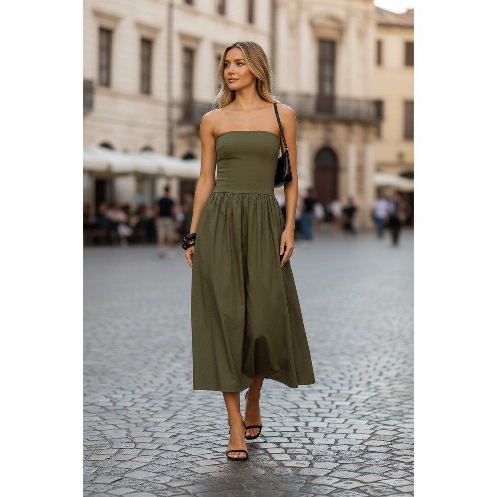 PISTOLA NWT Mavo Strapless Maxi Dress Olive‎ Green Ribbed Knit Cotton M $178